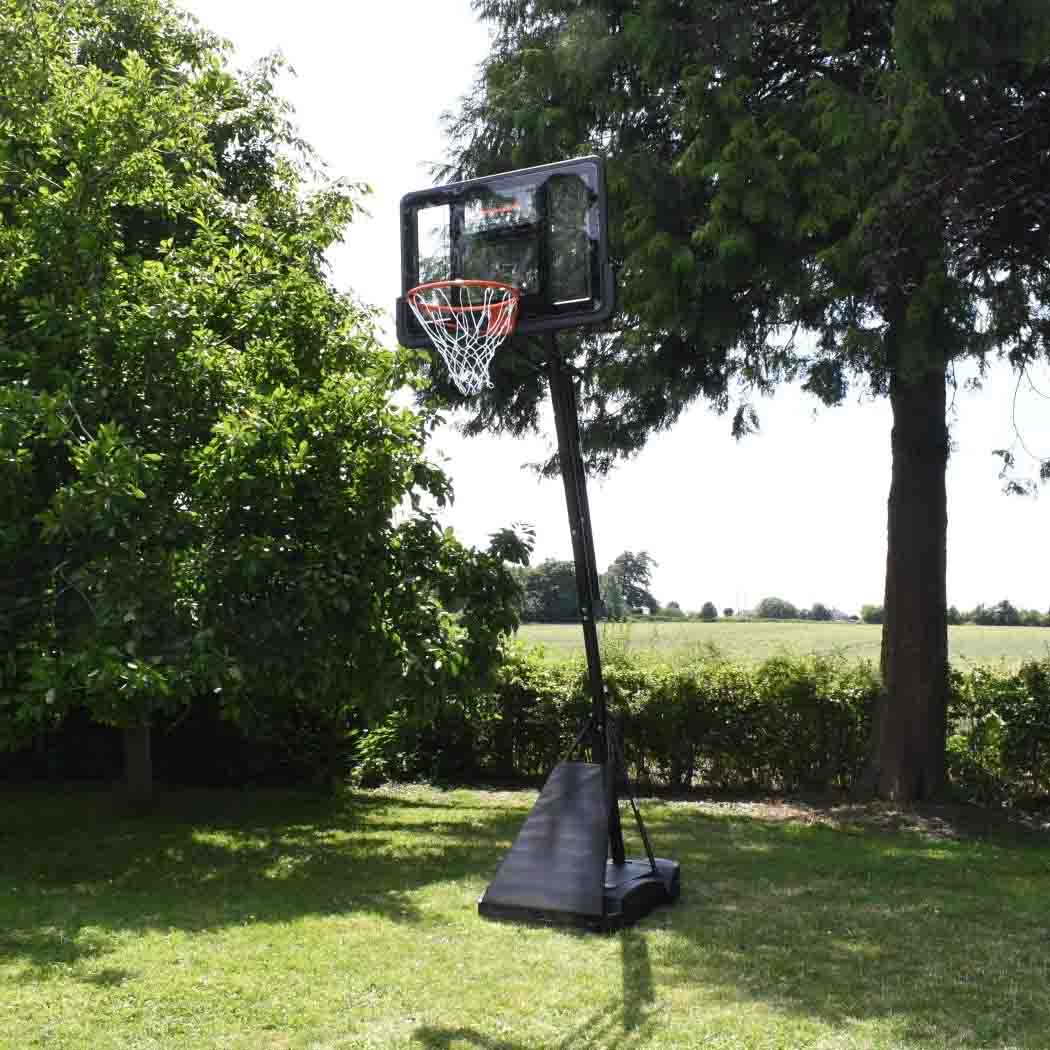 Alt text: "Bee Ball full-size basketball hoop with adjustable stand, vibrant colors."