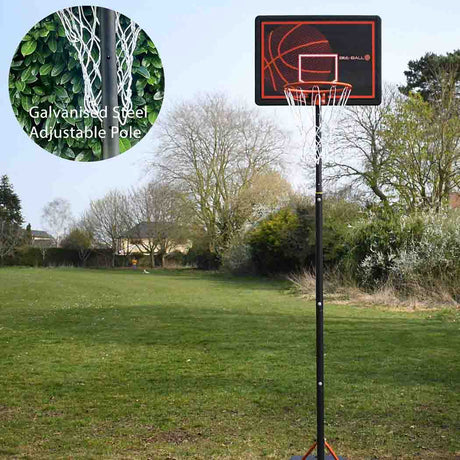 Alt text: "Bee Ball Pro Impact Basketball set with orange ball and adjustable stand."