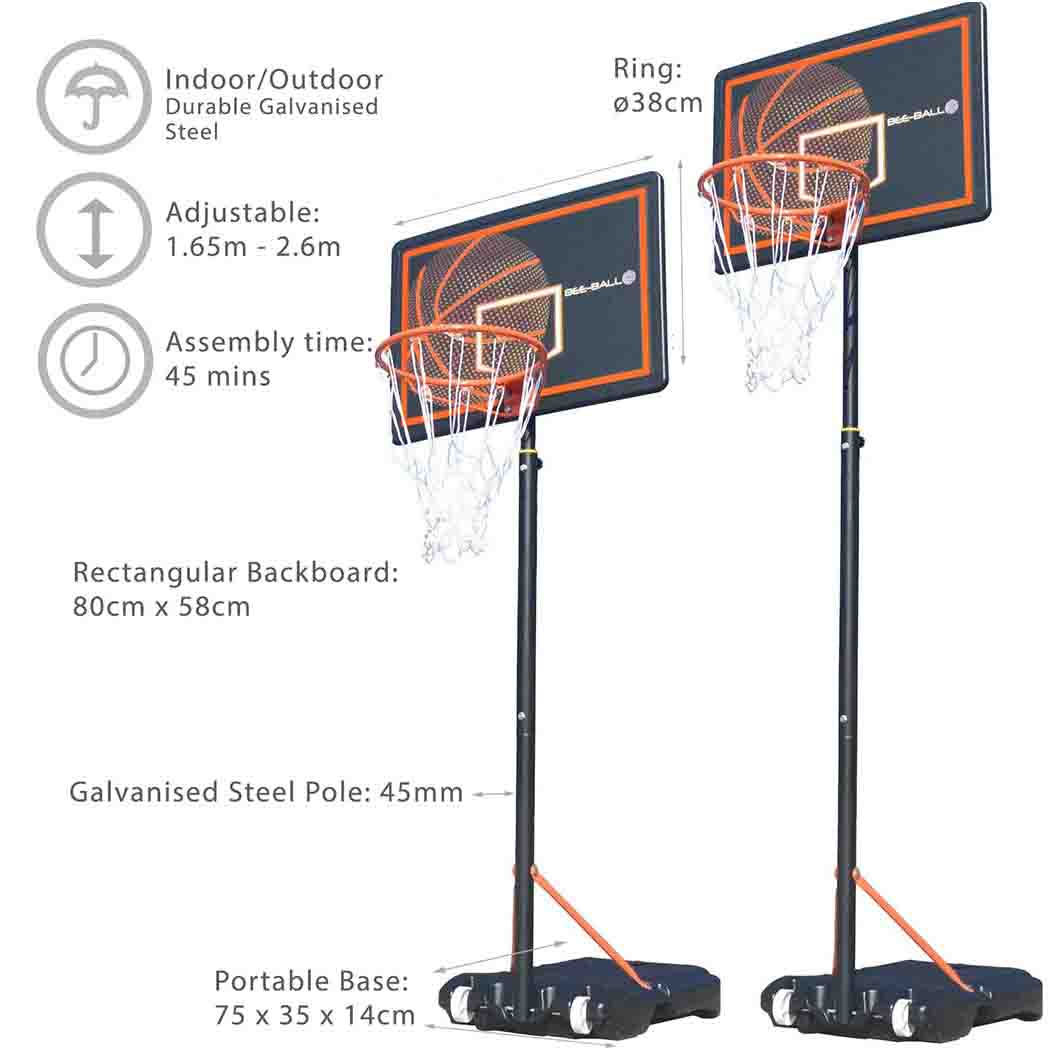 Bee Ball Pro Impact Basketball Set with stand, orange ball, adjustable height.